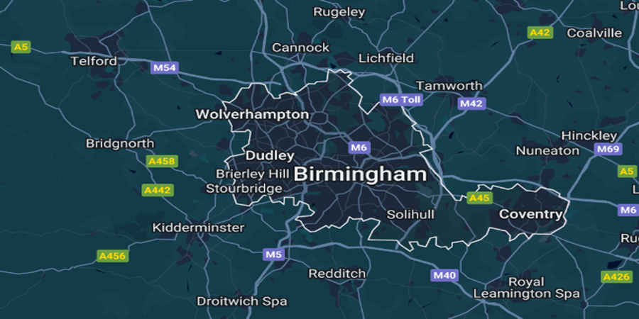 Service area map around Birmingham
